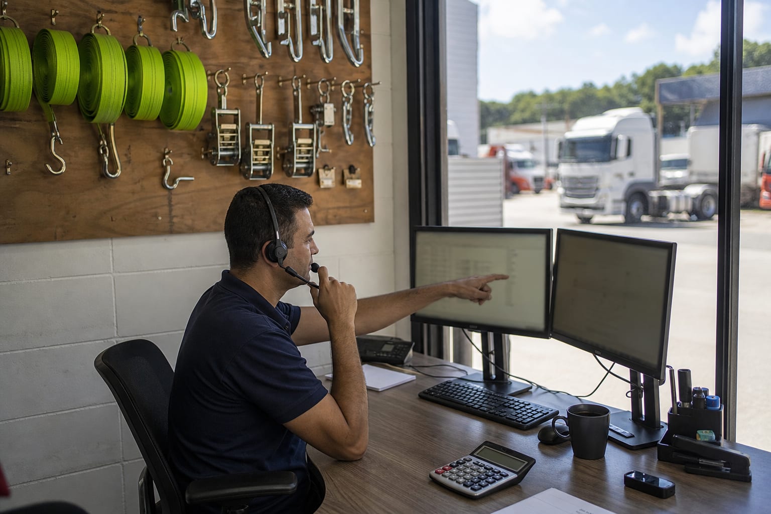 Vendedor de transportadora regional monta uma cotação no computador com calculadora ao lado, com o pátio de caminhões visível pela janela