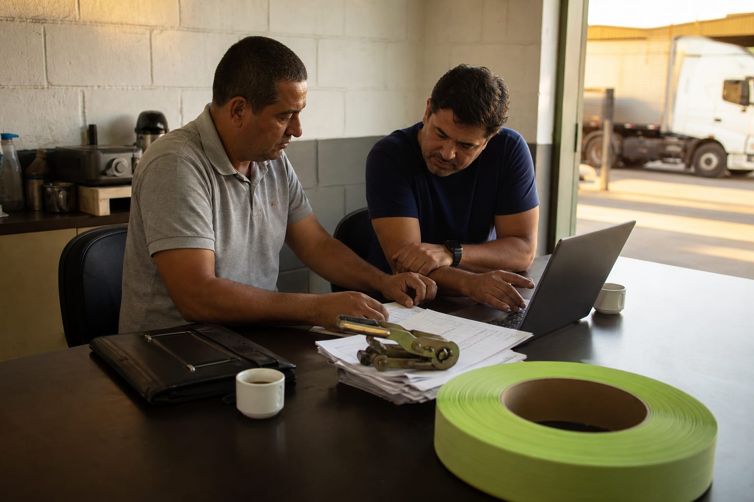 Dois sócios de transportadora analisam relatórios impressos e uma planilha no notebook sobre a mesa de reunião