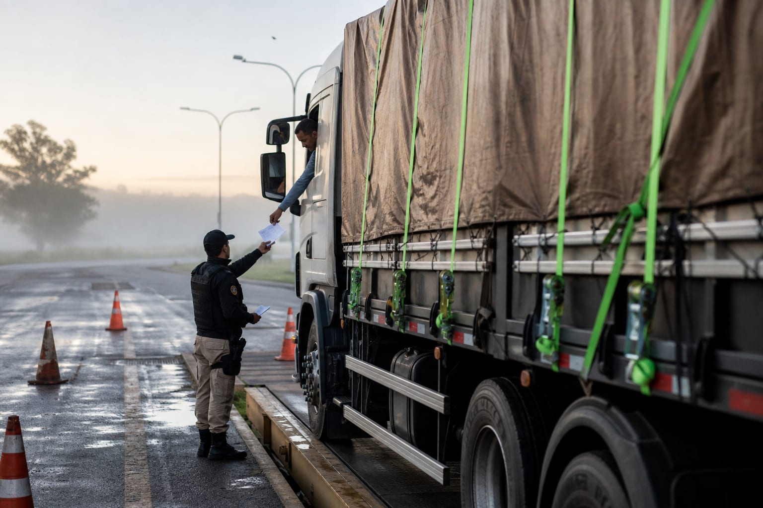 Motorista entrega documentos pela janela da cabine a um agente em posto de fiscalização de rodovia ao amanhecer
