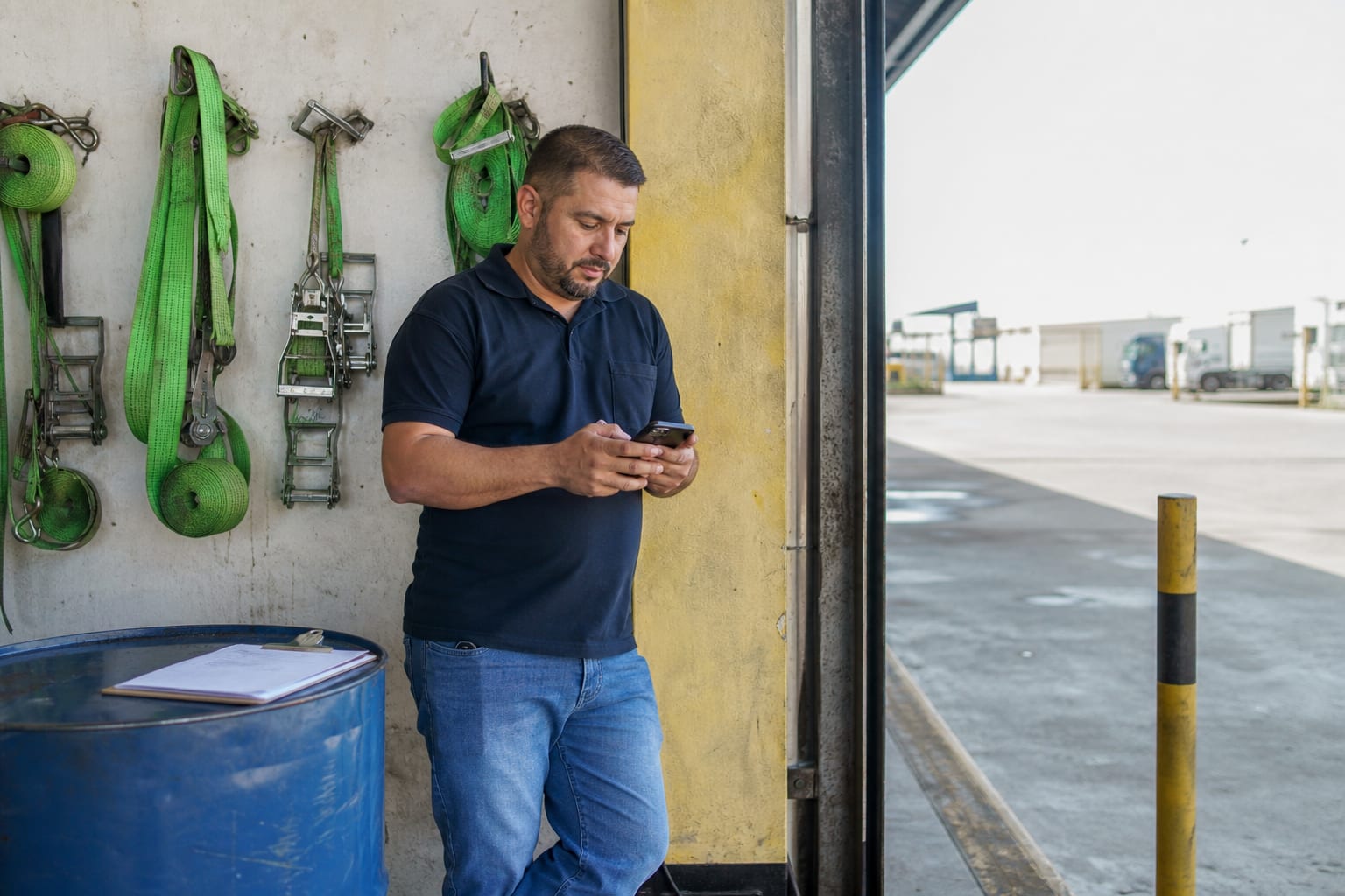 Vendedor de transportadora digita no celular enquanto consulta a tela do computador no escritório da empresa