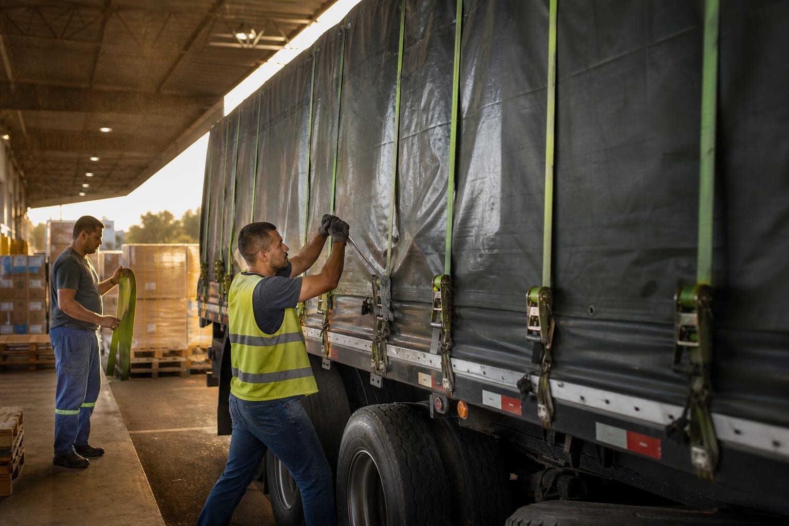 Conferente de colete refletivo confere volumes de papelão na doca de uma transportadora regional, com carreta de baú azul encostada na plataforma